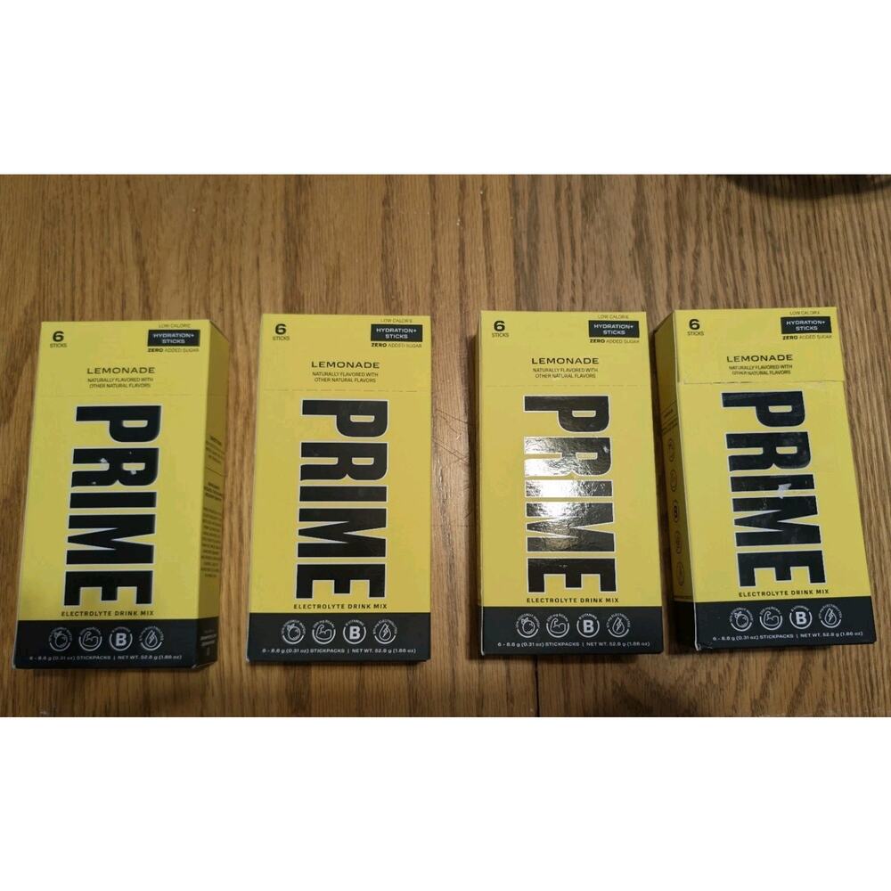 4 Boxes Prime Hydration Drink Mix -6 Stick Packets Per Box Lemonade